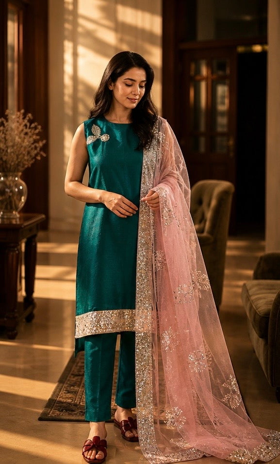 Teal Hand-Embroidered Three-Piece Suit
