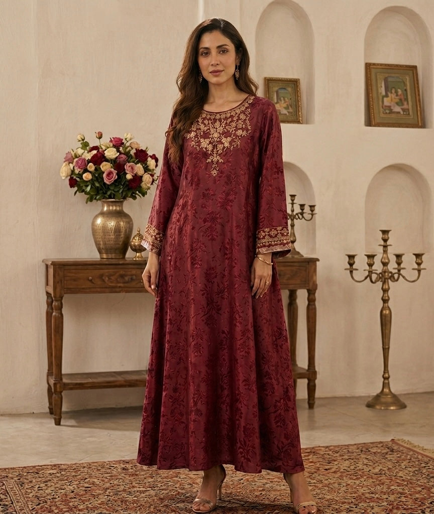 Maroon Jacquard Embroidered A-Line