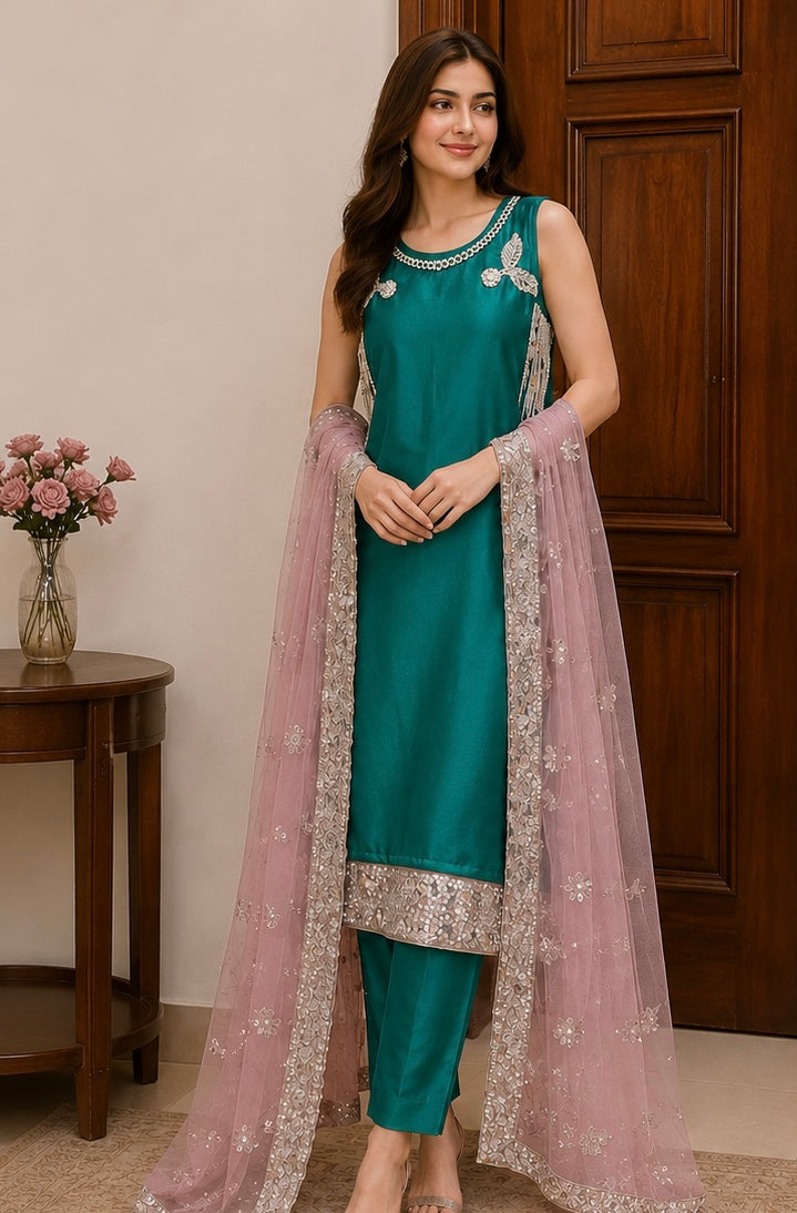 Teal Hand-Embroidered Three-Piece Suit