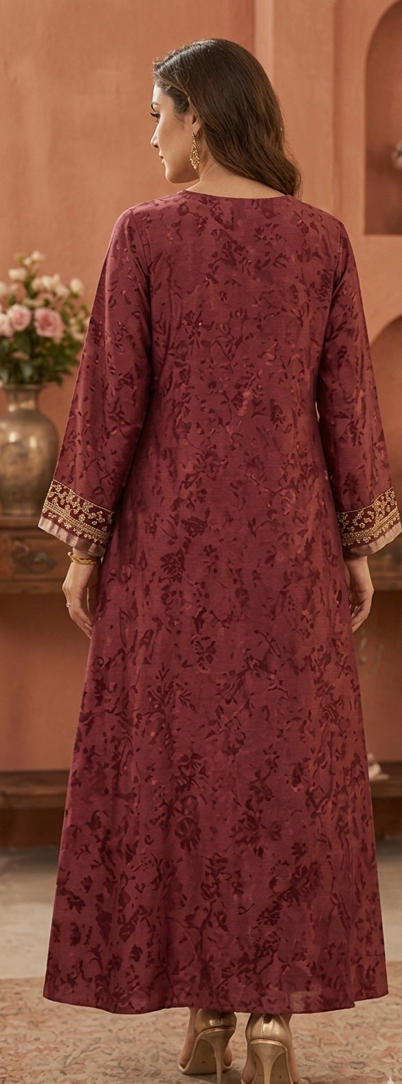 Maroon Jacquard Embroidered A-Line