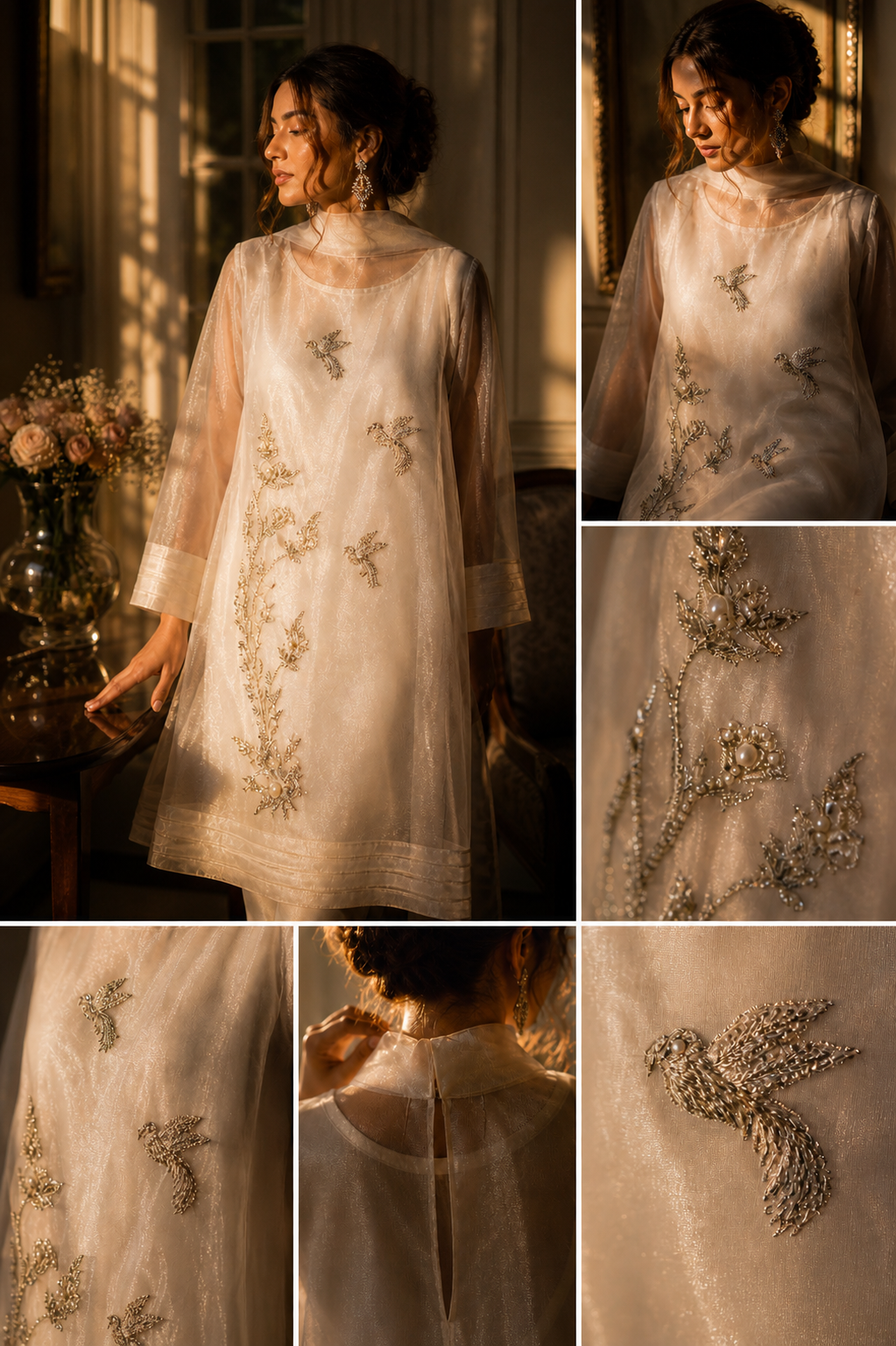 Ivory Organza Pearl Bird Shirt
