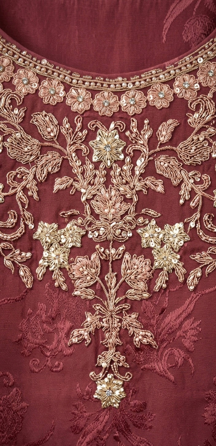 Maroon Jacquard Embroidered A-Line
