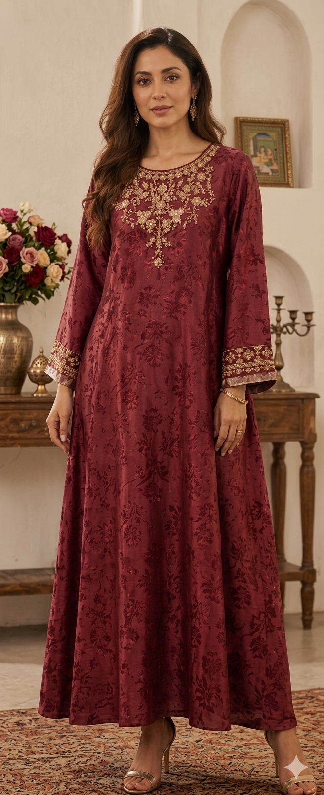 Maroon Jacquard Embroidered A-Line
